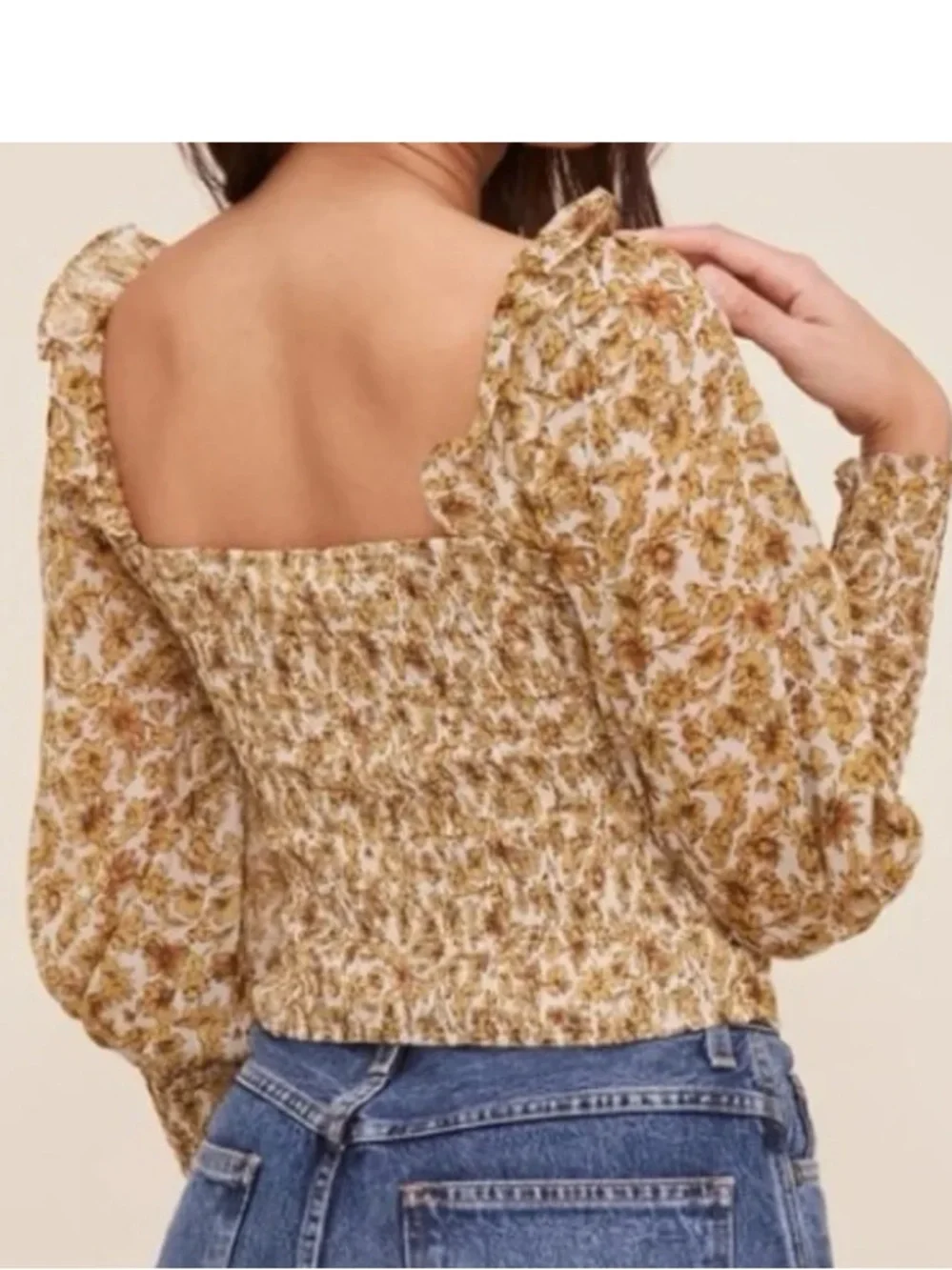 Astr the label Square Neck Ruched Top ivory mustard yellow floral blouse
